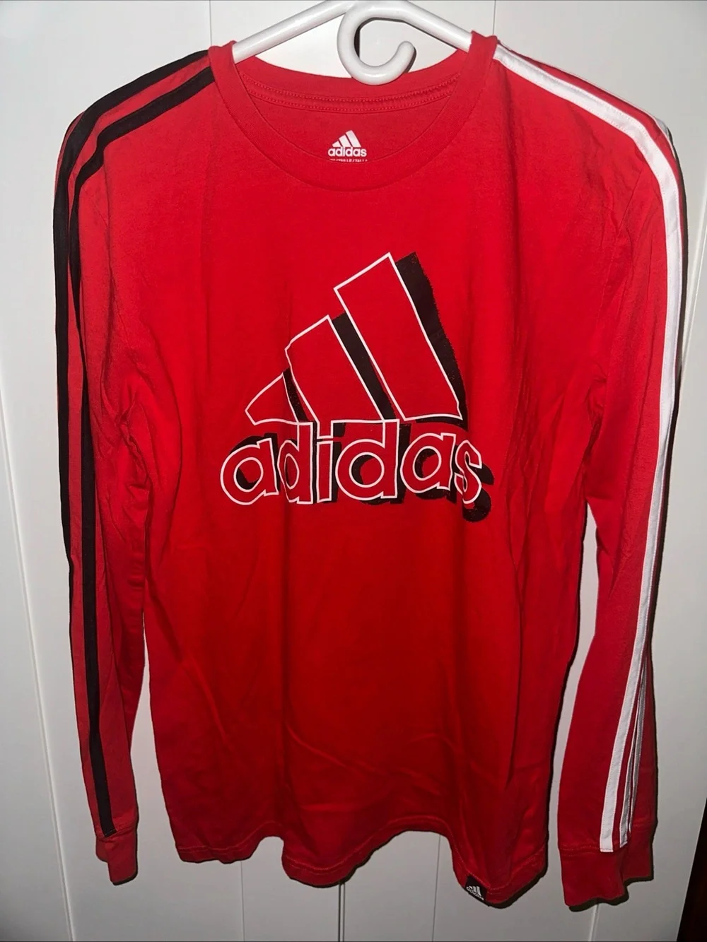 ADIDAS Boy’s Cotton Red Signature Stripes Long Sleeve Logo T-Shirt Size XL 18/20